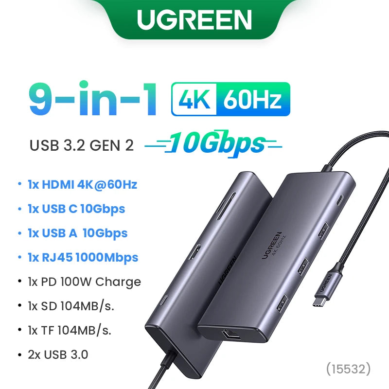 UGREEN Dual HDMI USB-C HUB 8K 4K Adaptador HDMI 10 em 1 Divisor com RJ45 USB3.0 PD 100W Dock para MacBook Pro Air Laptop USB HUB
