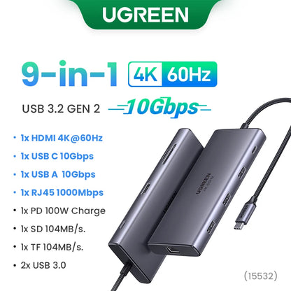 UGREEN Dual HDMI USB-C HUB 8K 4K Adaptador HDMI 10 em 1 Divisor com RJ45 USB3.0 PD 100W Dock para MacBook Pro Air Laptop USB HUB