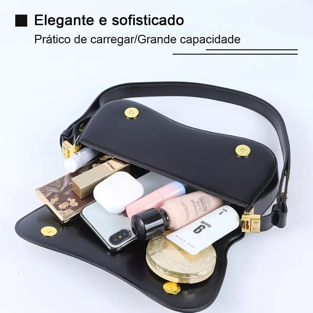 Bolsa de Ombro Feminina com Alça Ajustável, Bolsa Feminina Elegante com Couro Preto, Bolsa Transversal Tiracolo Presente