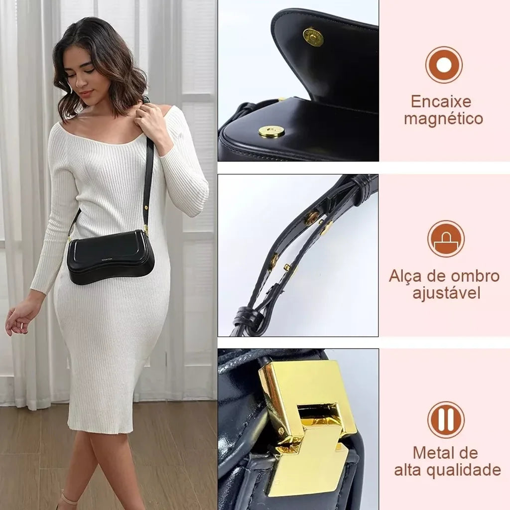 Bolsa de Ombro Feminina com Alça Ajustável, Bolsa Feminina Elegante com Couro Preto, Bolsa Transversal Tiracolo Presente
