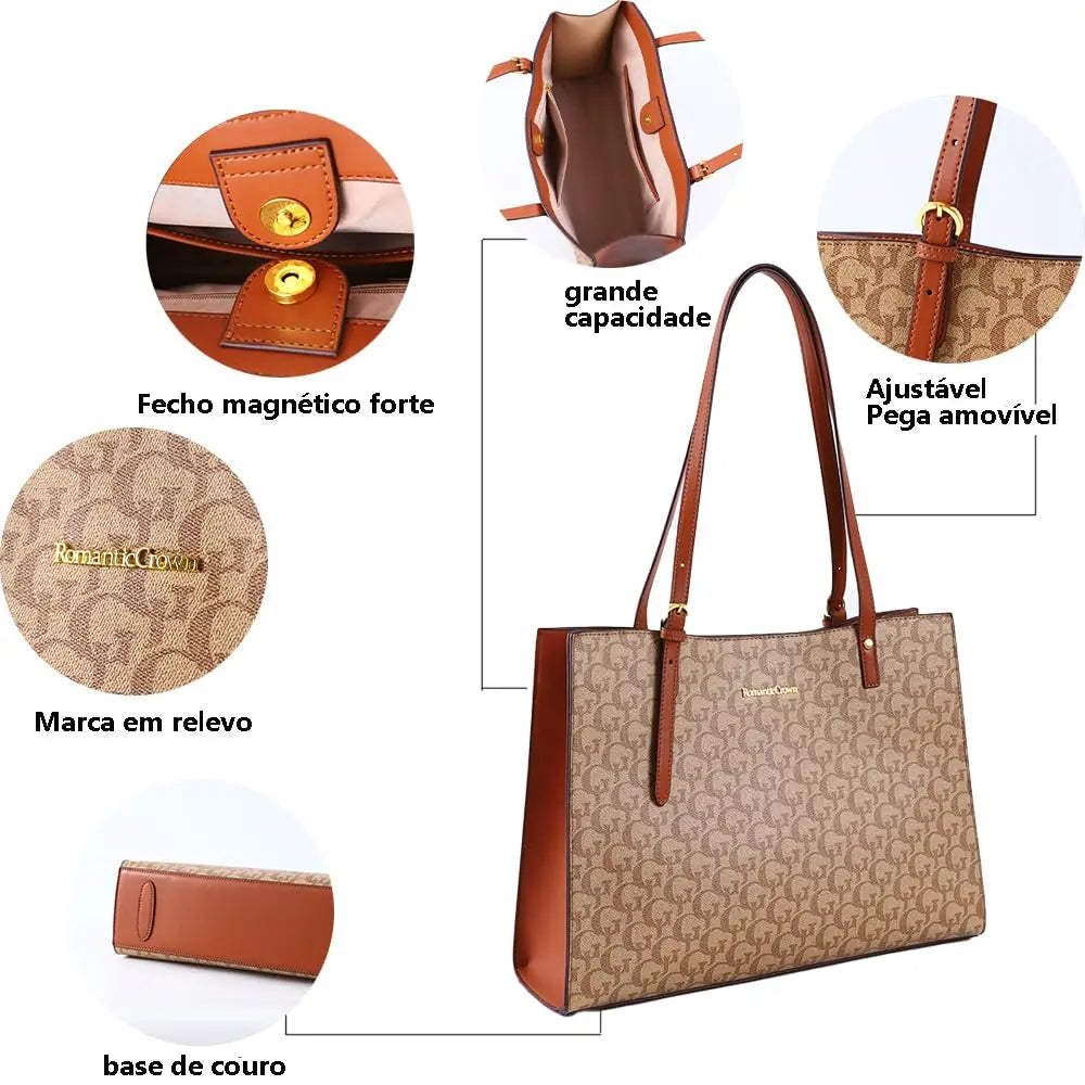 Bolsa de Ombro Feminina de Grande Capacidade , Compatível com Laptop, Couro Impermeável Casual Presente Tote Bolsa