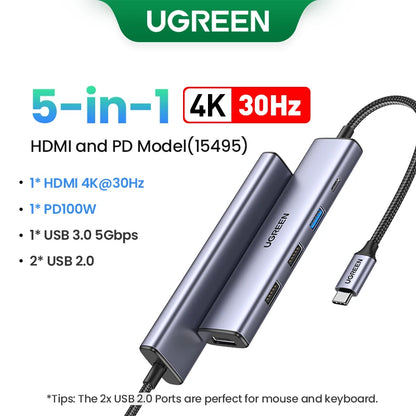 UGREEN Dual HDMI USB-C HUB 8K 4K Adaptador HDMI 10 em 1 Divisor com RJ45 USB3.0 PD 100W Dock para MacBook Pro Air Laptop USB HUB