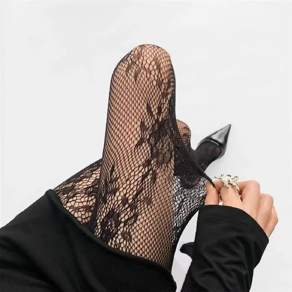 Lingerie feminina sexy oco para fora malha fishnet meia-calça lolita doce meninas estilo punk floral collants coloridos coxa meias altas