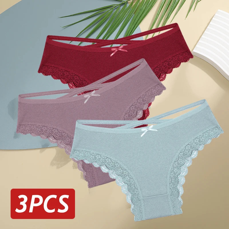 3 pçs/set calcinha de algodão feminina sexy baixa ascensão renda calcinha brasileira oco para fora macio respirável lingerie feminina arco roupa interior S-XL