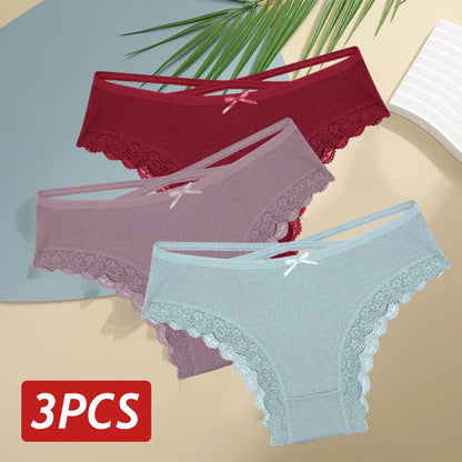 3 pçs/set calcinha de algodão feminina sexy baixa ascensão renda calcinha brasileira oco para fora macio respirável lingerie feminina arco roupa interior S-XL