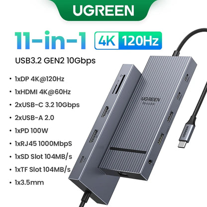 UGREEN Dual HDMI USB-C HUB 8K 4K Adaptador HDMI 10 em 1 Divisor com RJ45 USB3.0 PD 100W Dock para MacBook Pro Air Laptop USB HUB