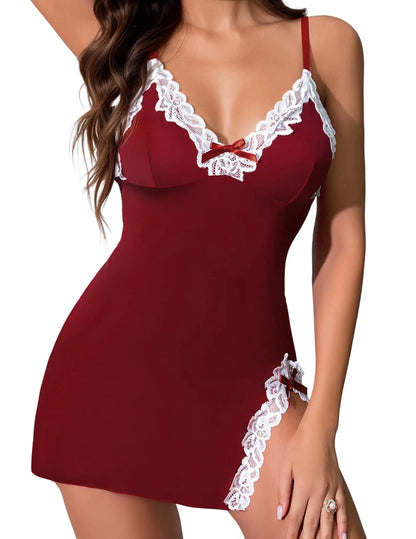 Lingerie para mulheres sexy vestidos de noite renda guarnição vestido de dormir com decote em v babydoll chemise vestido lateral divisão noite