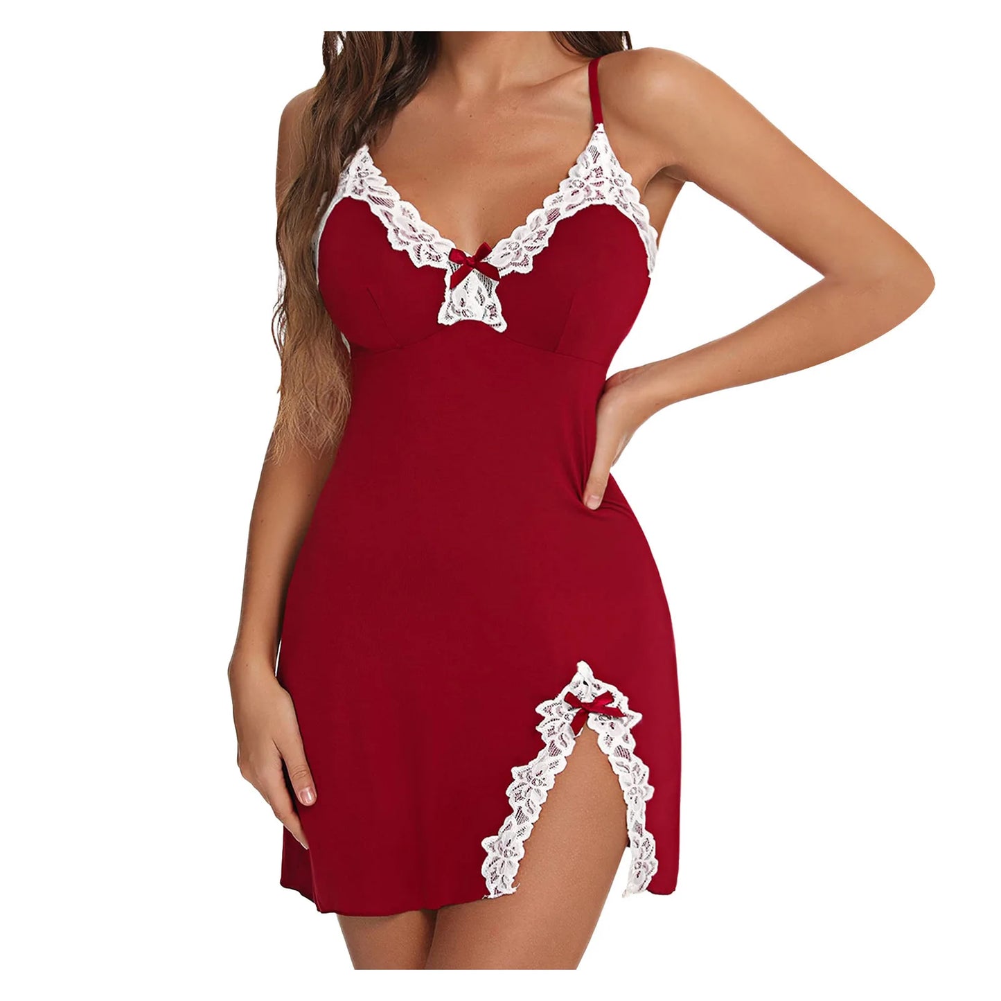 Lingerie para mulheres sexy vestidos de noite renda guarnição vestido de dormir com decote em v babydoll chemise vestido lateral divisão noite