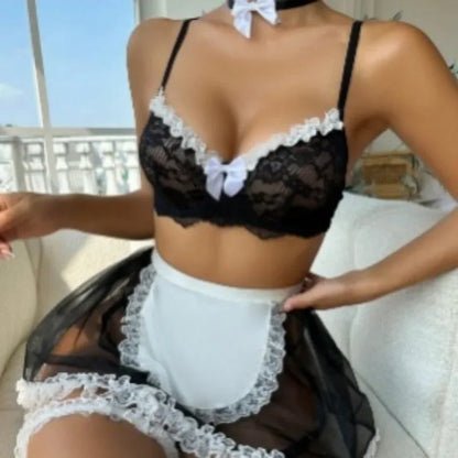 Lingerie ultra sexy malha laço arco empregada sexo conjunto uniforme de empregada vestido de noite feminino conjunto de sutiã camisola pijamas femininos vestido