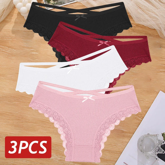 3 pçs/set calcinha de algodão feminina sexy baixa ascensão renda calcinha brasileira oco para fora macio respirável lingerie feminina arco roupa interior S-XL