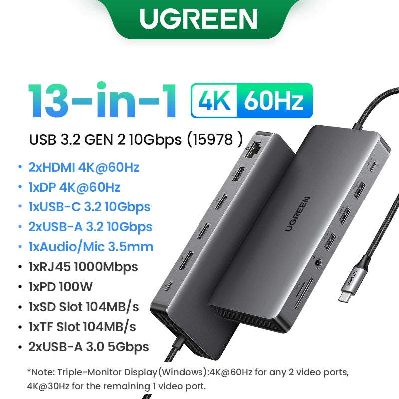 UGREEN Dual HDMI USB-C HUB 8K 4K Adaptador HDMI 10 em 1 Divisor com RJ45 USB3.0 PD 100W Dock para MacBook Pro Air Laptop USB HUB