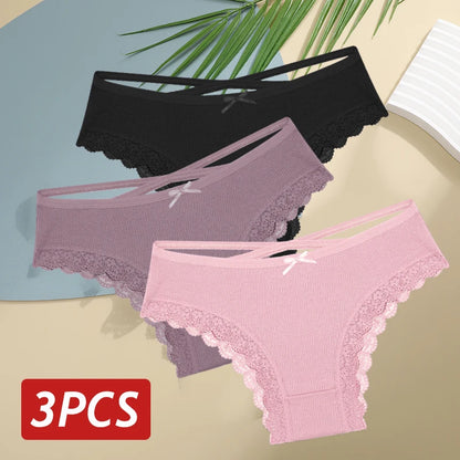 3 pçs/set calcinha de algodão feminina sexy baixa ascensão renda calcinha brasileira oco para fora macio respirável lingerie feminina arco roupa interior S-XL