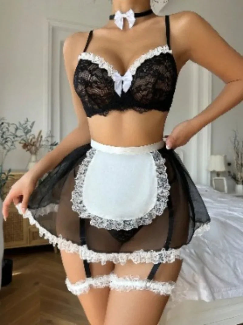 Lingerie ultra sexy malha laço arco empregada sexo conjunto uniforme de empregada vestido de noite feminino conjunto de sutiã camisola pijamas femininos vestido