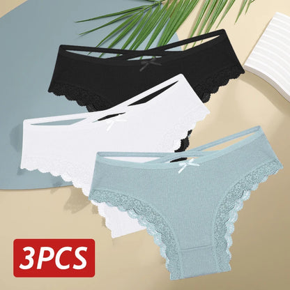 3 pçs/set calcinha de algodão feminina sexy baixa ascensão renda calcinha brasileira oco para fora macio respirável lingerie feminina arco roupa interior S-XL