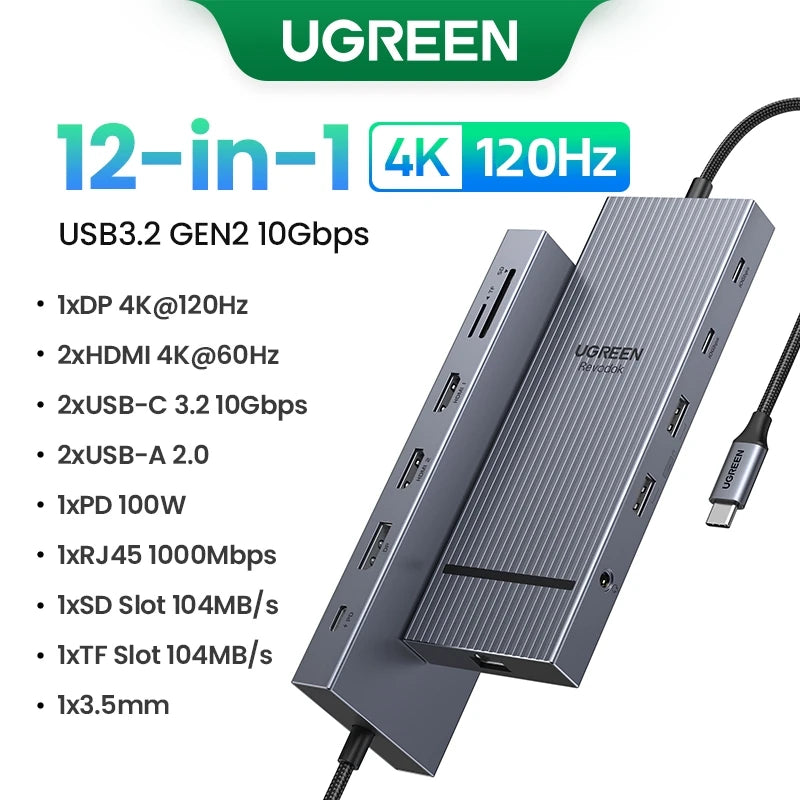 UGREEN Dual HDMI USB-C HUB 8K 4K Adaptador HDMI 10 em 1 Divisor com RJ45 USB3.0 PD 100W Dock para MacBook Pro Air Laptop USB HUB