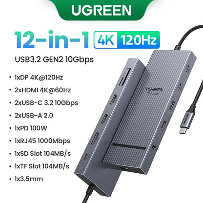UGREEN Dual HDMI USB-C HUB 8K 4K Adaptador HDMI 10 em 1 Divisor com RJ45 USB3.0 PD 100W Dock para MacBook Pro Air Laptop USB HUB