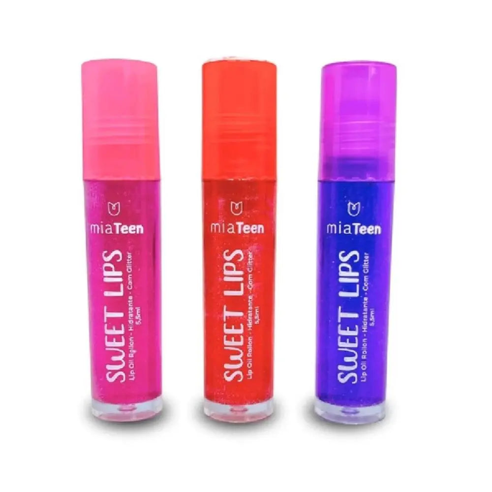 Kit c/ 3 Lip Oil Rollon Incolor Sweet Lips Frutas Teen Mia Make