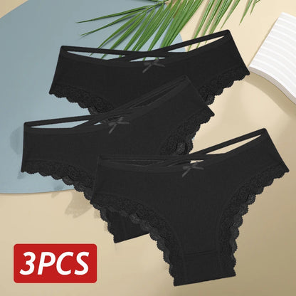 3 pçs/set calcinha de algodão feminina sexy baixa ascensão renda calcinha brasileira oco para fora macio respirável lingerie feminina arco roupa interior S-XL