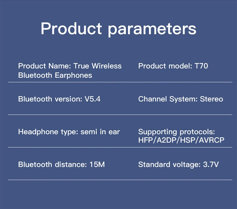 Fones de ouvido sem fio T70 Trendy TWS, elegantes e leves, carregamento USB-C, fones de ouvido para dormir com ajuste confortável