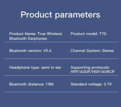 Fones de ouvido sem fio T70 Trendy TWS, elegantes e leves, carregamento USB-C, fones de ouvido para dormir com ajuste confortável