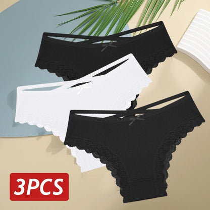 3 pçs/set calcinha de algodão feminina sexy baixa ascensão renda calcinha brasileira oco para fora macio respirável lingerie feminina arco roupa interior S-XL