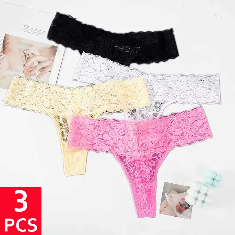 3 pçs rendas floral calcinha feminina cintura baixa respirável briefs feminino tanga roupa interior M-2XL sólido sexy g-string calcinha transparente