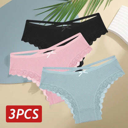 3 pçs/set calcinha de algodão feminina sexy baixa ascensão renda calcinha brasileira oco para fora macio respirável lingerie feminina arco roupa interior S-XL