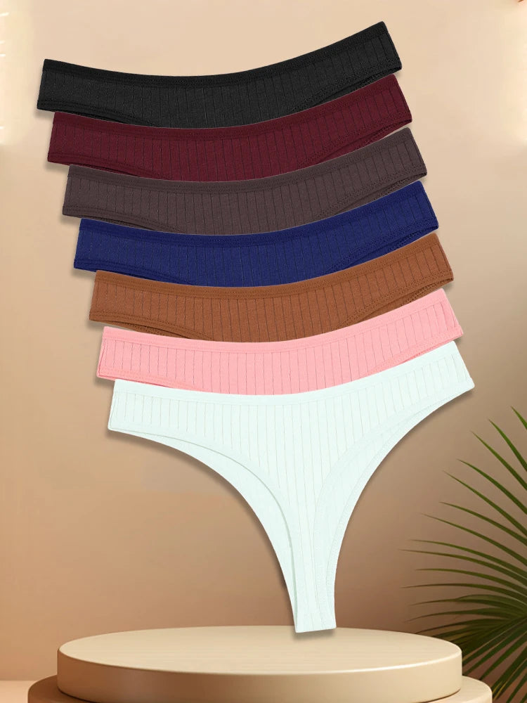 7 pçs feminino algodão listrado tangas roupa interior cintura baixa g-string calcinha sexy respirável cor sólida t-back casual biquíni lingerie