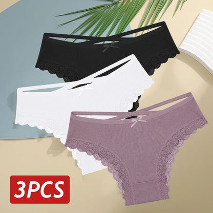 3 pçs/set calcinha de algodão feminina sexy baixa ascensão renda calcinha brasileira oco para fora macio respirável lingerie feminina arco roupa interior S-XL