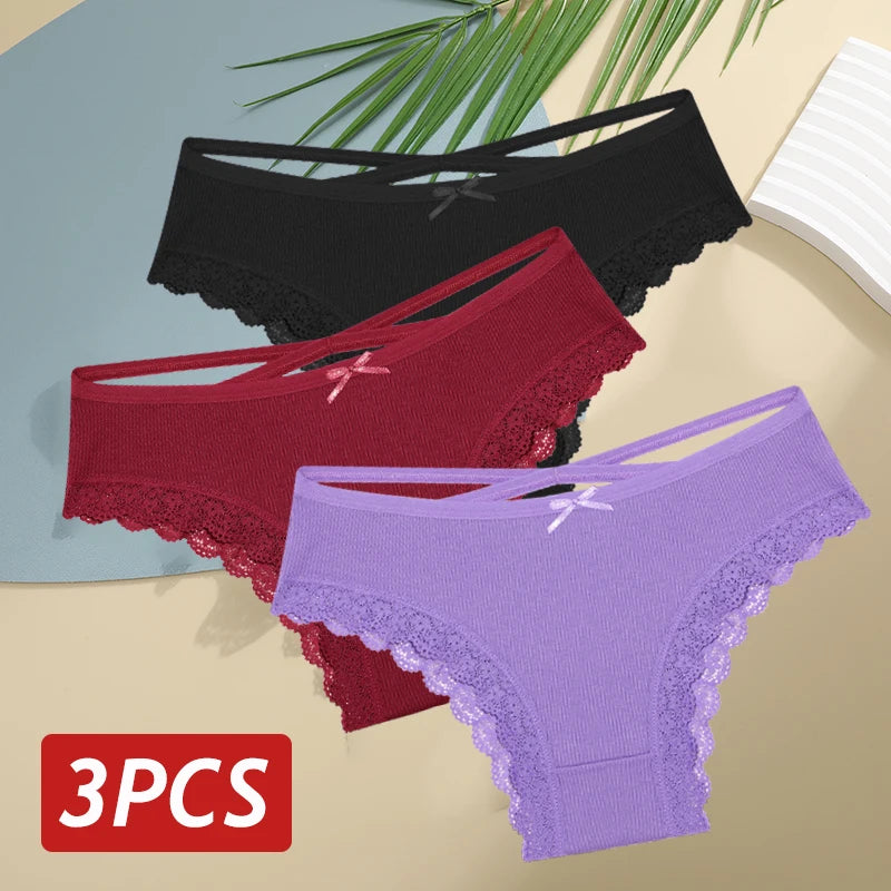 3 pçs/set calcinha de algodão feminina sexy baixa ascensão renda calcinha brasileira oco para fora macio respirável lingerie feminina arco roupa interior S-XL