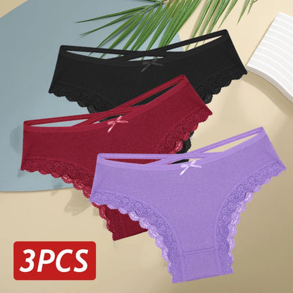 3 pçs/set calcinha de algodão feminina sexy baixa ascensão renda calcinha brasileira oco para fora macio respirável lingerie feminina arco roupa interior S-XL