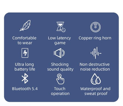 Fones de ouvido sem fio T70 Trendy TWS, elegantes e leves, carregamento USB-C, fones de ouvido para dormir com ajuste confortável