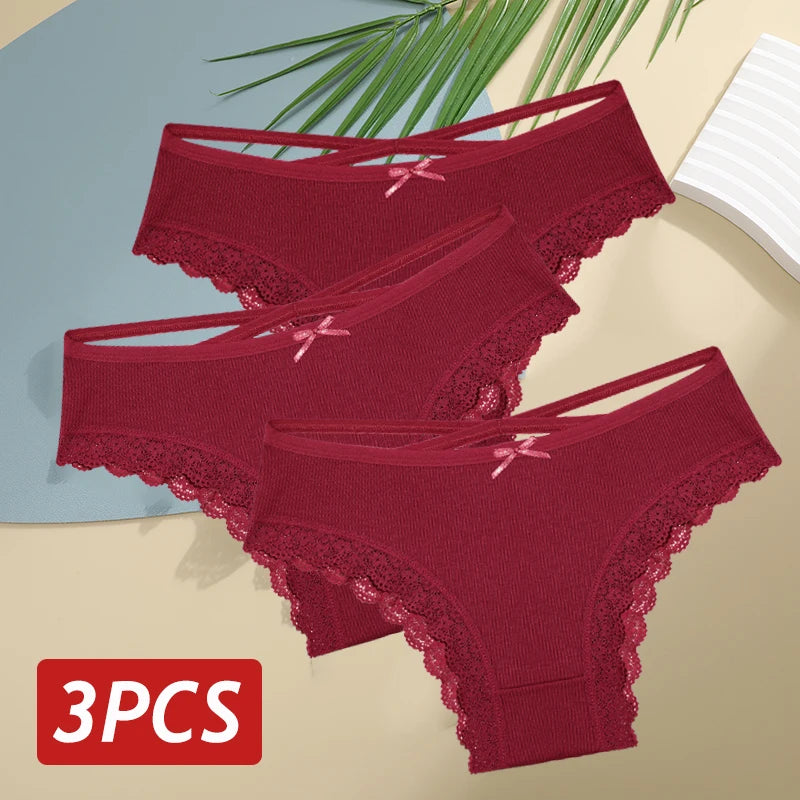 3 pçs/set calcinha de algodão feminina sexy baixa ascensão renda calcinha brasileira oco para fora macio respirável lingerie feminina arco roupa interior S-XL