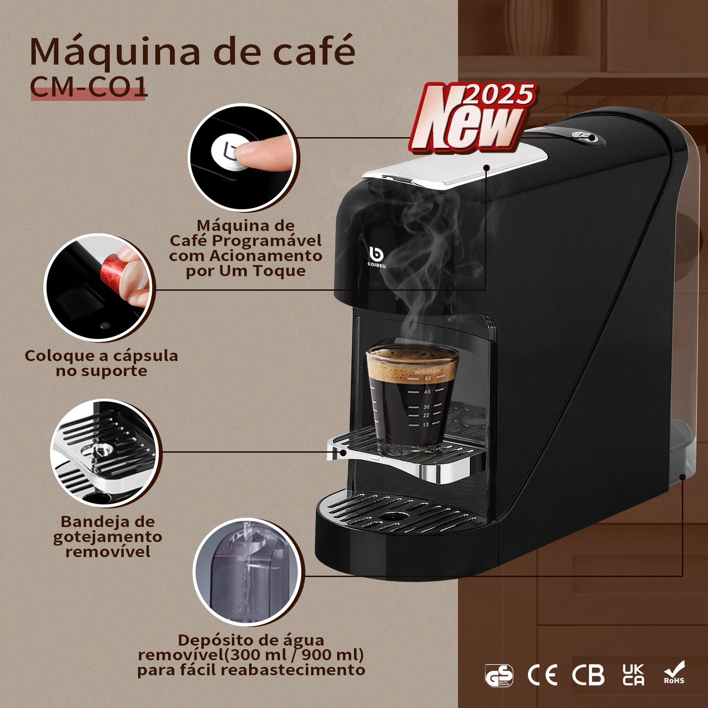 Máquina de Café Espresso CM-CO1 20 Bar - Tanque 900ml, Máquina de Café CM-CO1 20 Bar - Automática， Coibeu, Do Brasil