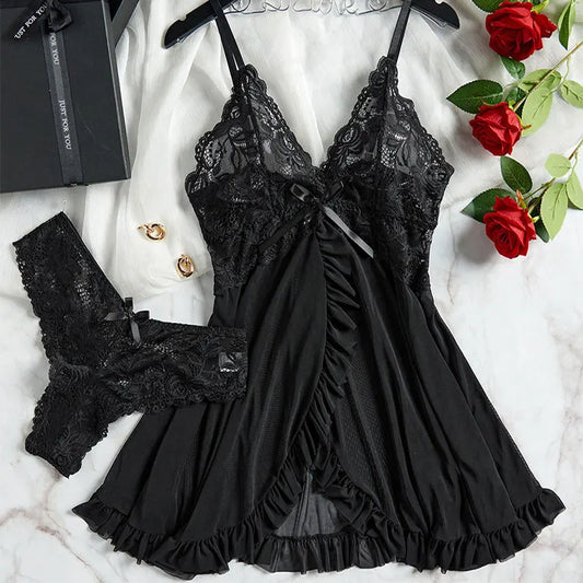 Conjunto de calcinha triangular plus size, 2 peças, vestido de noite feminino, lingerie sensual, camisola curva, cuecas transparentes