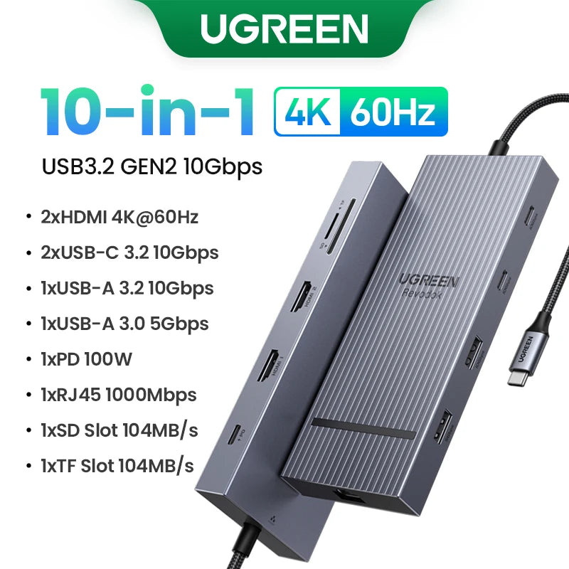 UGREEN Dual HDMI USB-C HUB 8K 4K Adaptador HDMI 10 em 1 Divisor com RJ45 USB3.0 PD 100W Dock para MacBook Pro Air Laptop USB HUB
