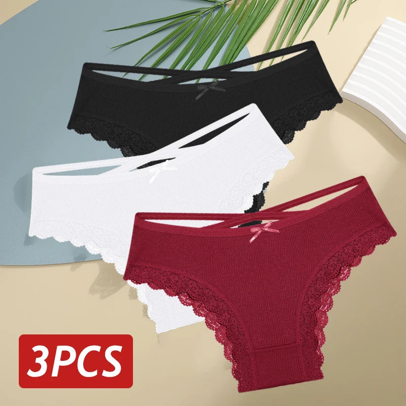 3 pçs/set calcinha de algodão feminina sexy baixa ascensão renda calcinha brasileira oco para fora macio respirável lingerie feminina arco roupa interior S-XL