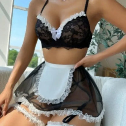 Lingerie ultra sexy malha laço arco empregada sexo conjunto uniforme de empregada vestido de noite feminino conjunto de sutiã camisola pijamas femininos vestido