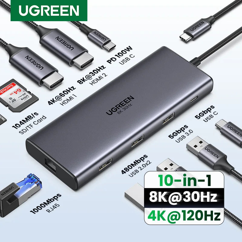 UGREEN Dual HDMI USB-C HUB 8K 4K Adaptador HDMI 10 em 1 Divisor com RJ45 USB3.0 PD 100W Dock para MacBook Pro Air Laptop USB HUB