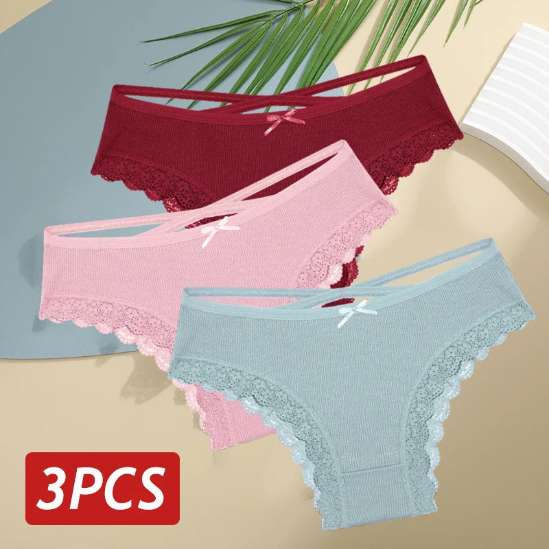 3 pçs/set calcinha de algodão feminina sexy baixa ascensão renda calcinha brasileira oco para fora macio respirável lingerie feminina arco roupa interior S-XL