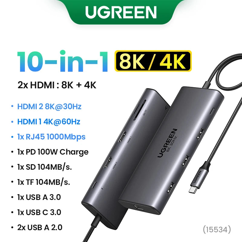 UGREEN Dual HDMI USB-C HUB 8K 4K Adaptador HDMI 10 em 1 Divisor com RJ45 USB3.0 PD 100W Dock para MacBook Pro Air Laptop USB HUB