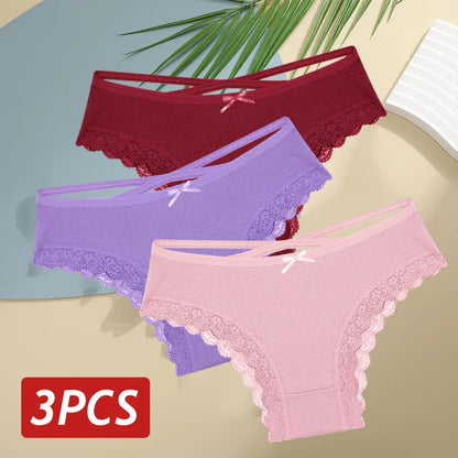 3 pçs/set calcinha de algodão feminina sexy baixa ascensão renda calcinha brasileira oco para fora macio respirável lingerie feminina arco roupa interior S-XL