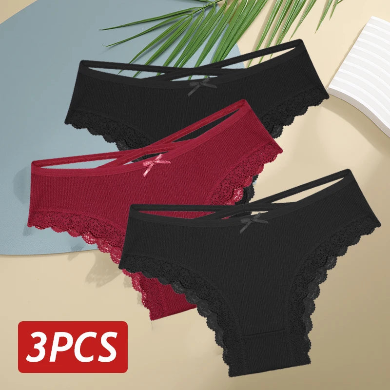 3 pçs/set calcinha de algodão feminina sexy baixa ascensão renda calcinha brasileira oco para fora macio respirável lingerie feminina arco roupa interior S-XL