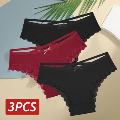 3 pçs/set calcinha de algodão feminina sexy baixa ascensão renda calcinha brasileira oco para fora macio respirável lingerie feminina arco roupa interior S-XL