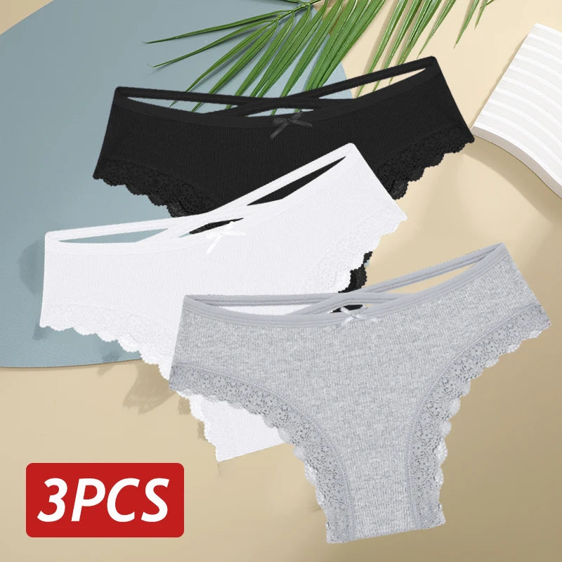 3 pçs/set calcinha de algodão feminina sexy baixa ascensão renda calcinha brasileira oco para fora macio respirável lingerie feminina arco roupa interior S-XL