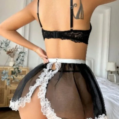 Lingerie ultra sexy malha laço arco empregada sexo conjunto uniforme de empregada vestido de noite feminino conjunto de sutiã camisola pijamas femininos vestido