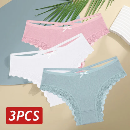 3 pçs/set calcinha de algodão feminina sexy baixa ascensão renda calcinha brasileira oco para fora macio respirável lingerie feminina arco roupa interior S-XL