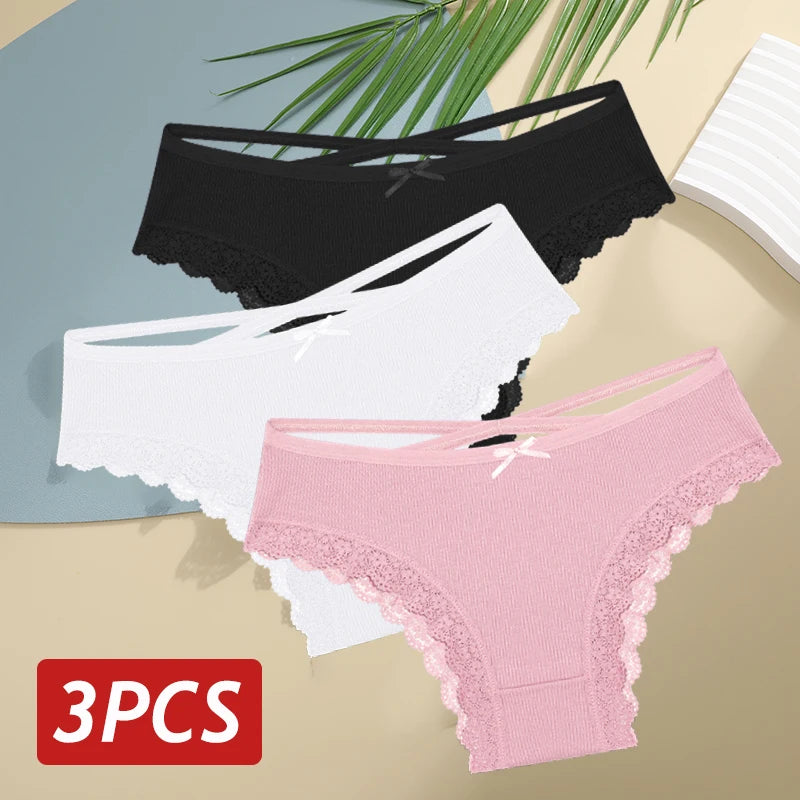 3 pçs/set calcinha de algodão feminina sexy baixa ascensão renda calcinha brasileira oco para fora macio respirável lingerie feminina arco roupa interior S-XL