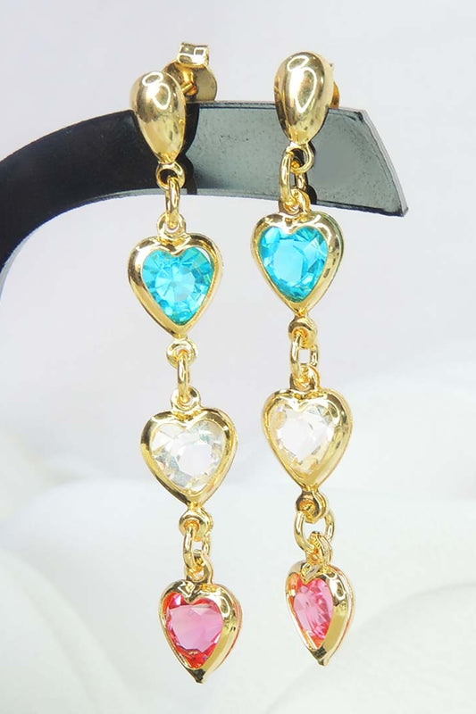 Brinco de Corações com Pedras Coloridas Banhado em Ouro 18k