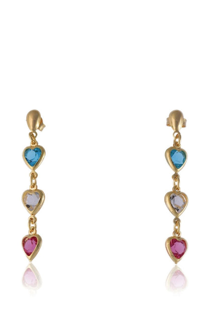 Brinco de Corações com Pedras Coloridas Banhado em Ouro 18k